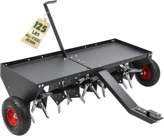 Doniks 52-Inch Tow Behind Lawn Plug Aerator with Universal Hitch, Lawn Aerator Tow Behind with 40 Galvanised Steel Tines,Tray and Inflatable Wheels for Gardens, Lawns, Farms