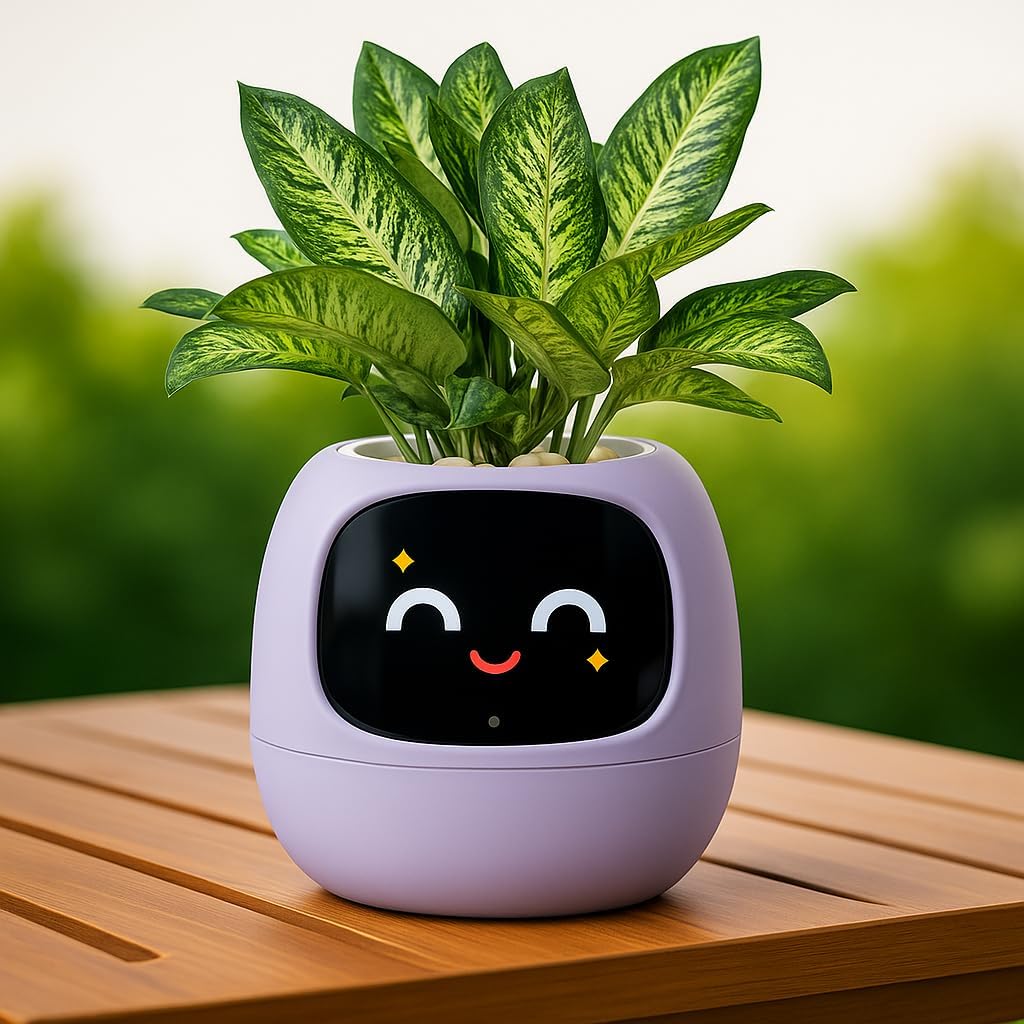 Interactive Plant Pot – Smart Planter, AI Pet Plantagotchi, tamagotchi, Leafypod and Plantiboy, Robot Flower with Feelings, Electric Maceta, Indoor Flowerpot with Water, Digital Gifts (Purple)