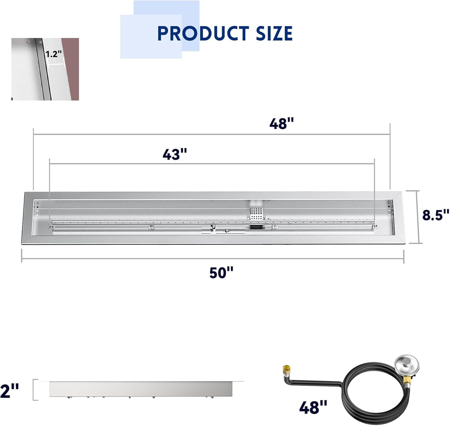 Skyflame Spark Ignition Gas Fire Pit Burner Kit, 48" Linear Stainless Steel Complete Drop-in Burner Kit with Flame Sensing, CSA Certified, Propane Regulator Connector Hose Set for Propane Tank