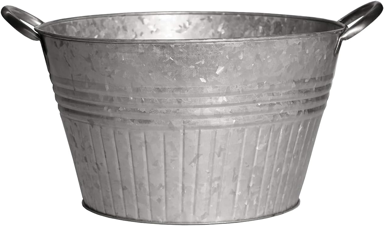 Headwind Round Galvanized Tub Planter with Handles – 14 Inch Lightweight Metal Planter with Drainage Hole – Galvanized Steel Tub for Plants - Metal Flower Pot by Robert Allen