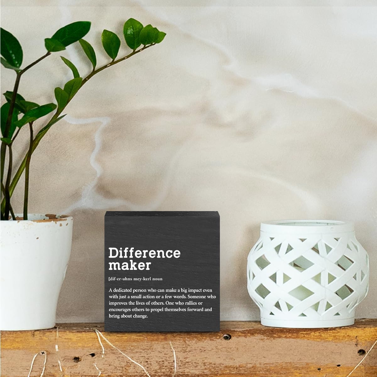 Difference Maker Definition Wooden Box Sign, Rustic Inspirational Home Office Decor, 5 x 5 Inches, Black, Square