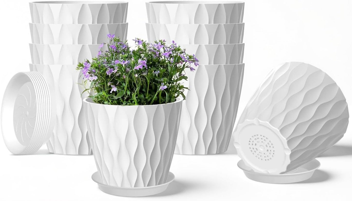 10 Pack 5 Inch Plant Pots with Drainage and Saucers, White Plastic Flower Pots for Indoor and Outdoor Plants, Stackable Nursery Planters for Houseplants and Herbs, White