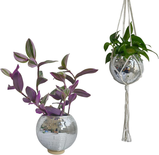 Disco Ball Hanging Plant Pots, Boho Silver Mirror Disco Planter with Chain Hook and Macrame Rope for Indoor Outdoor Decor and Wooden Stand for Desk,Self Watering Insert Pots
