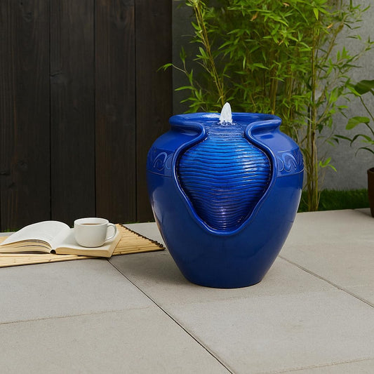 Teamson Home Outdoor Water Fountain, Glazed Pot Ceramic Look with LED Lights & Pump, Royal Blue, 16.93” Patio Garden Water Feature, Cascading Zen Fountain for Backyard, Porch, Deck, Home Decor