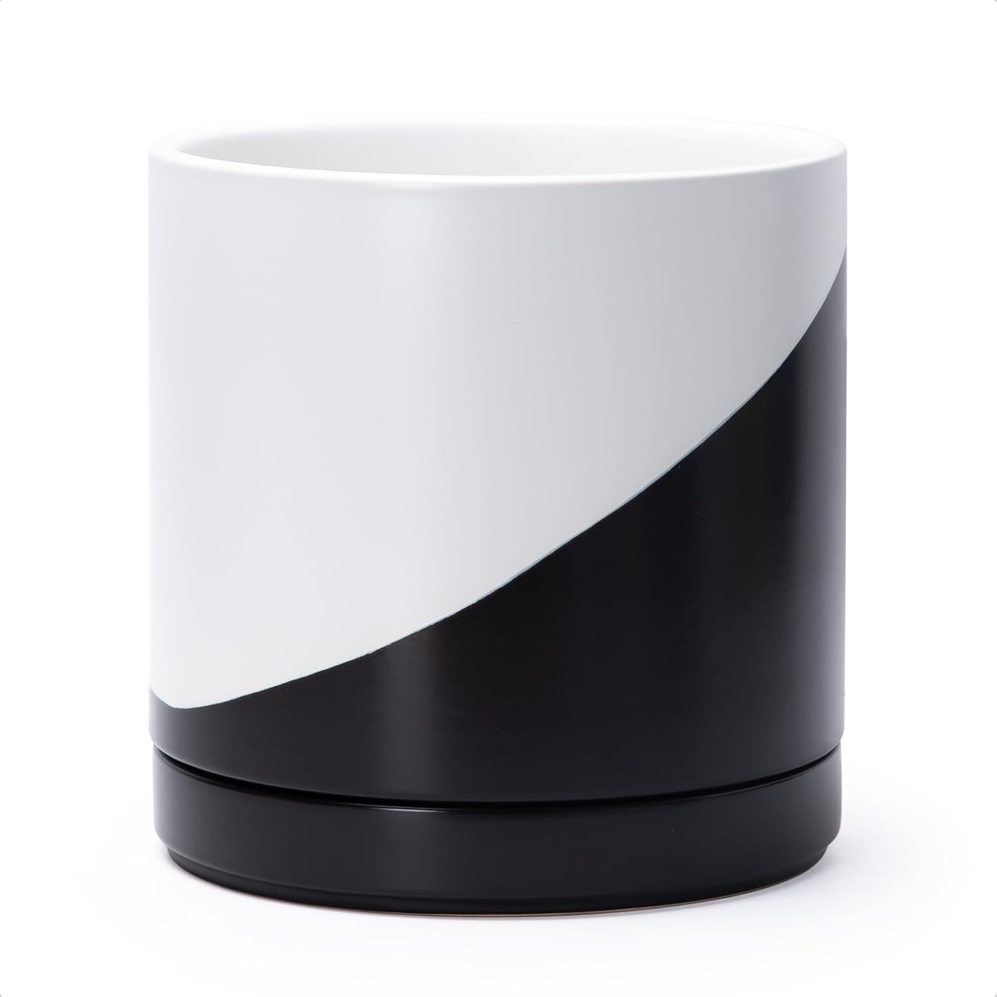 D'vine Dev 10 Inch Ceramic Planter Pot with Drainage Hole and Saucer, Indoor Cylinder Round Planter Pot, Oblique Monochrome Black and White, 94-O-E-K