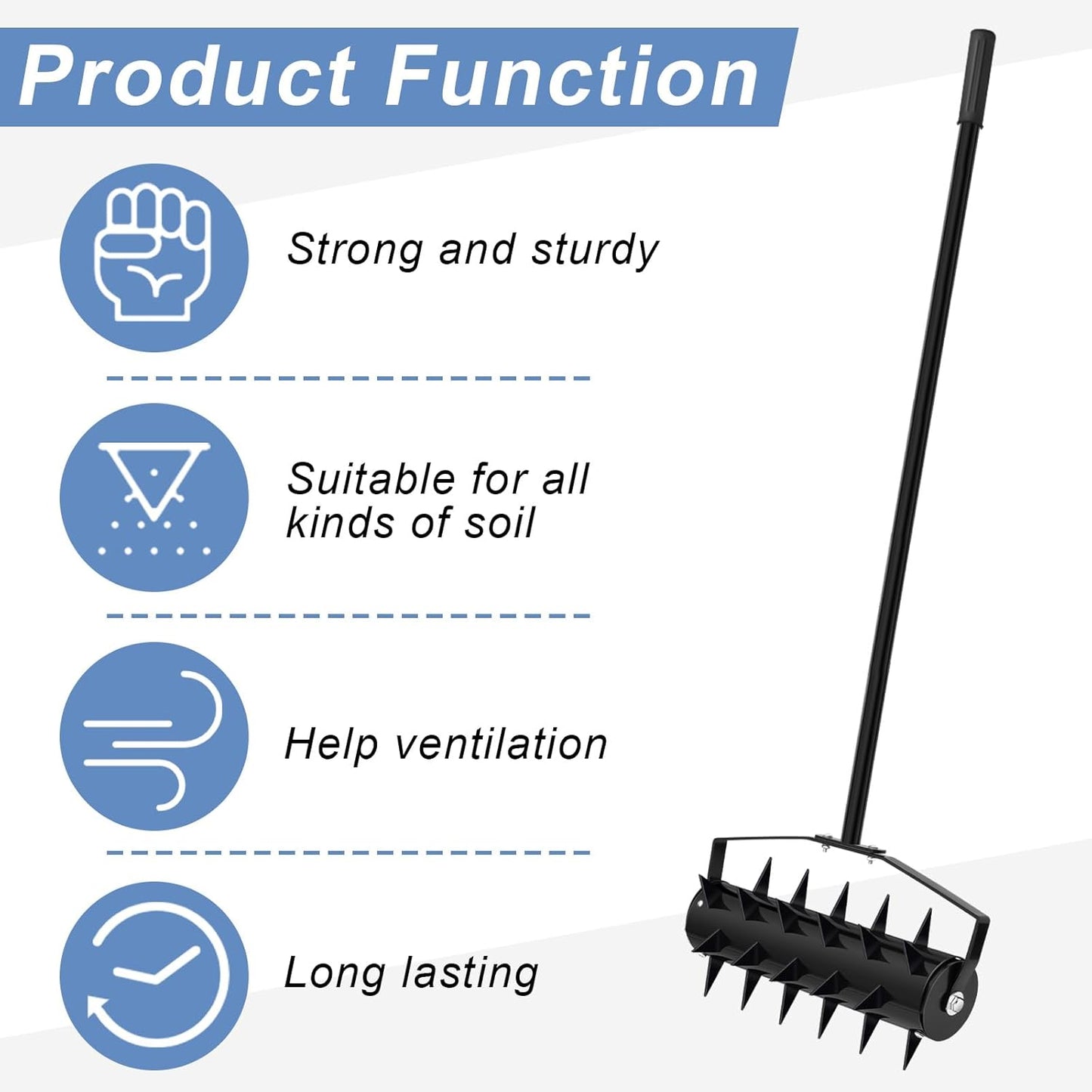 Lasnten Lawn Aerator Tool 16" Manual Rolling Yard Aerator Grass Roller Heavy Duty with 59" Stainless Steel Handle, Gloves, Spike Garden Rotary Push for Backyard Yard