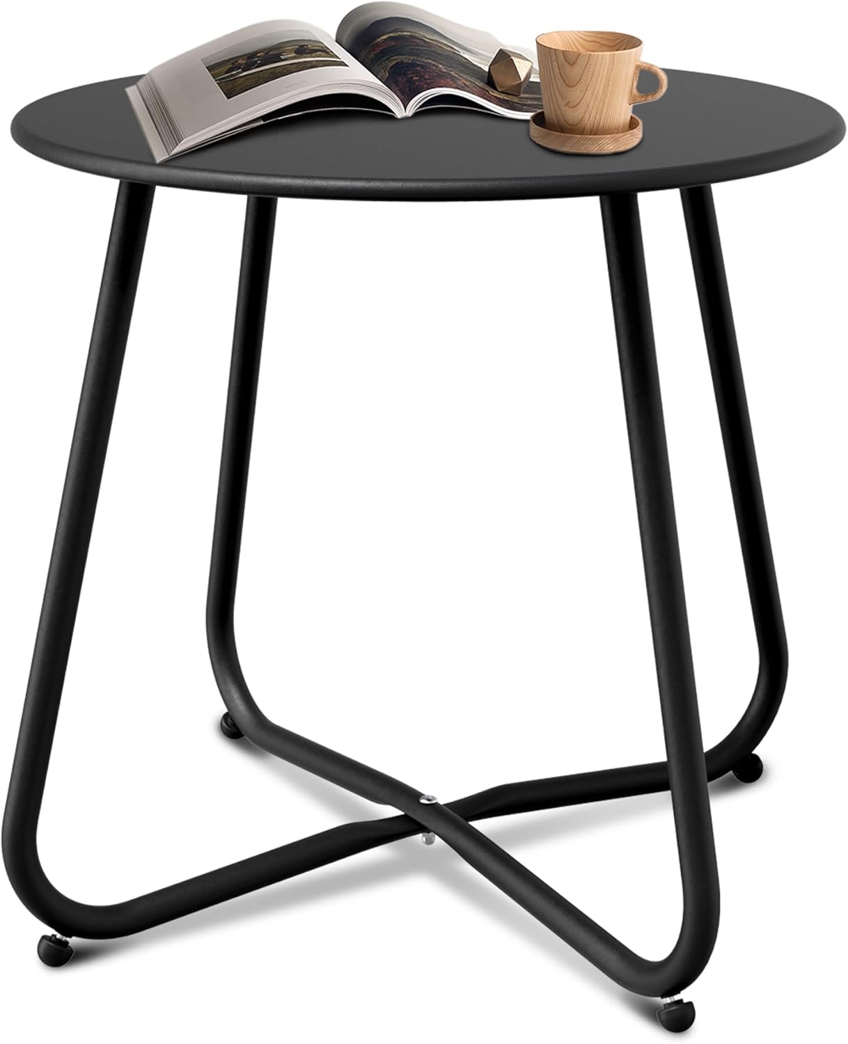 Patio Side Table Waterproof Round Metal Steel Weather Resistant Portable Outdoor and Indoor End Table for Garden Balcony Yard, Black