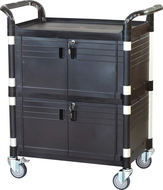 JaboEquip Commercial Heavy Duty Cabinet Rolling Medical Cart, Utility Cart, with 2 Lockable Doors Hospitality School Lab cart Service Cart, JB-3D2, Black Color