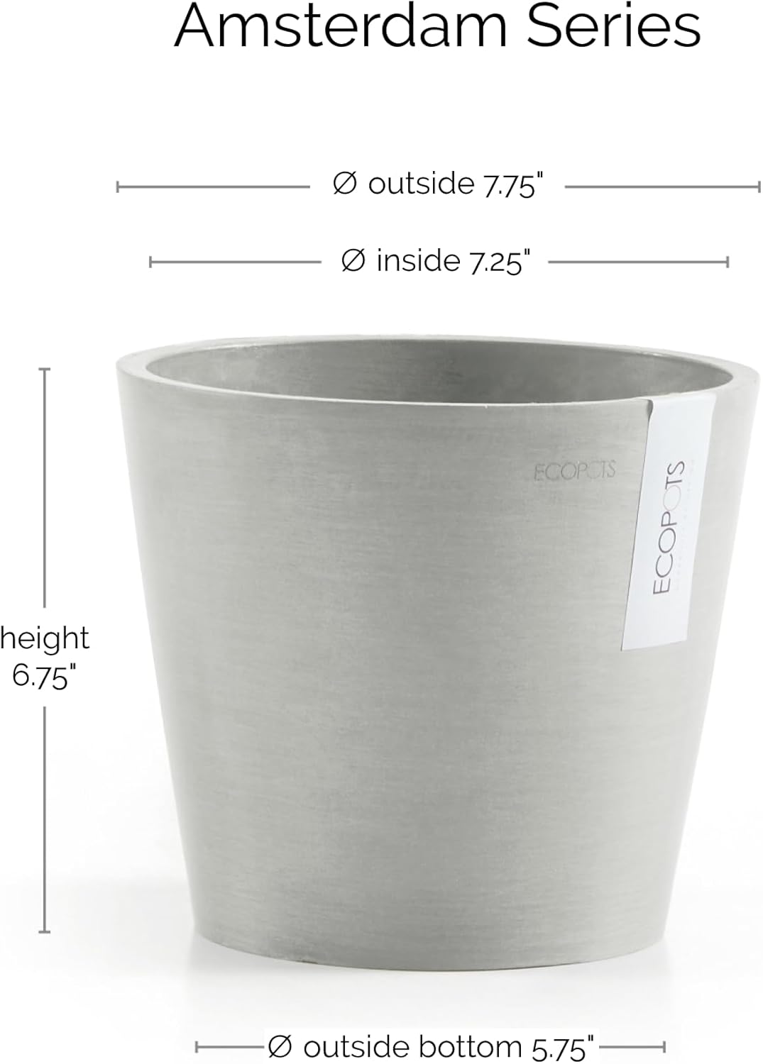 Ecopots Amsterdam Durable Modern Round Indoor/Outdoor Recycled-Based Composite Flower Pot Planter, White Grey, 8"