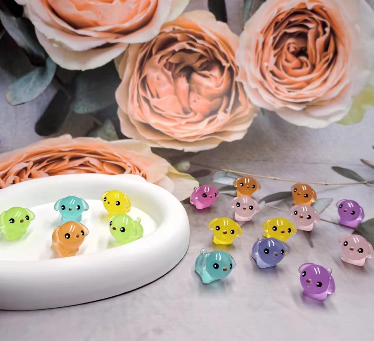 40 Pcs Luminous Mini Resin Dogs, Glow in The Dark Tiny Dogs for Garden Miniatures, Fairy Garden, Office Pranks and Dog Cake Toppers