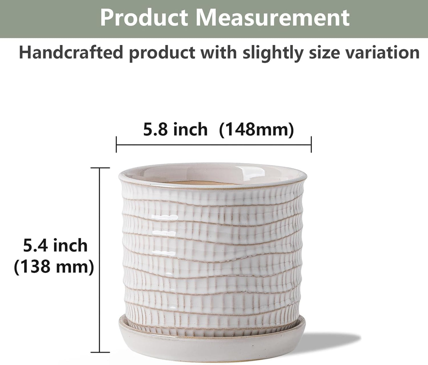 5.8 Inch Plant Pot: Ceramic Planter with Drainage Hole & Saucer - Cream White Flowerpot for Indoor & Outdoor Plants - with Separate Tray for Home & Office - Wave Embossed Design