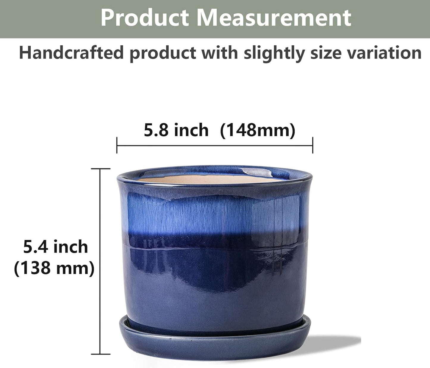5.8 Inch Plant Pot: Ceramic Planter with Drainage Hole & Saucer for Indoor Outdoor Plants - Flowerpot with Bonded Tray for Home Office - Blue Reactive Glaze