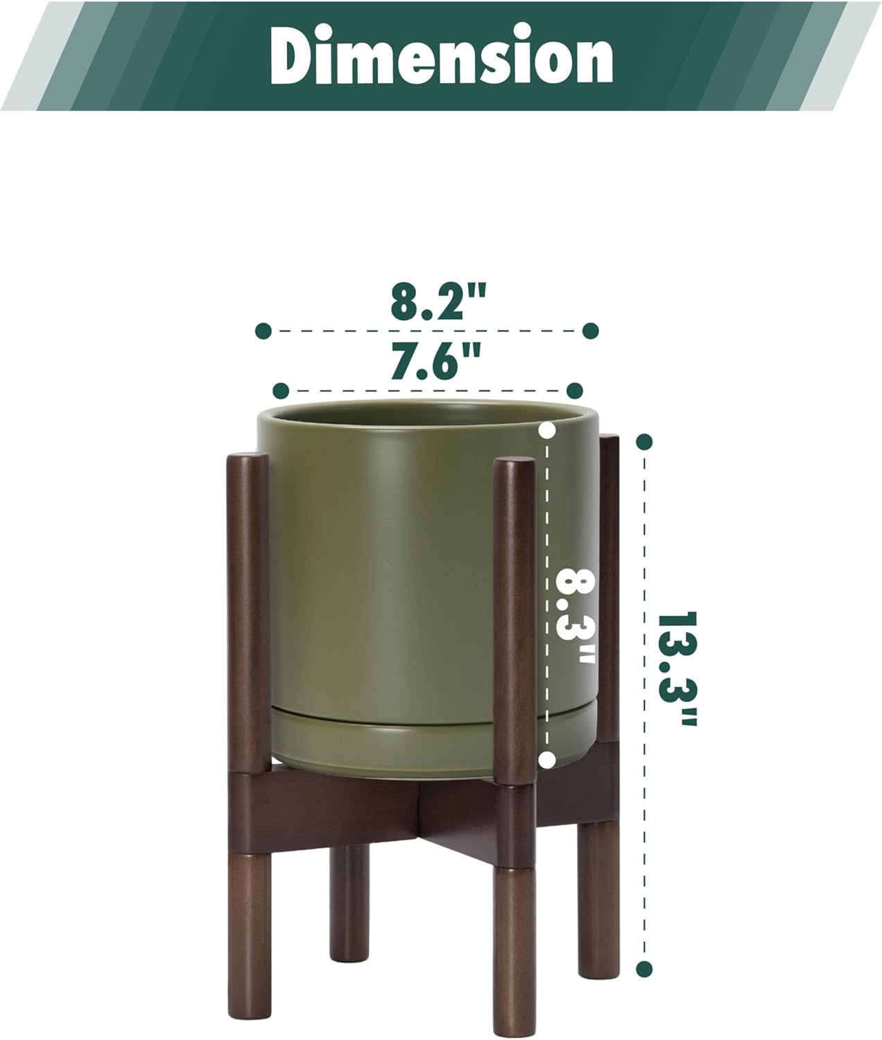 D'vine Dev Ceramic Planter with Walnut Color Stand - 8 Inch Modern Round Flower Pot with Wood Planter Holder, Olive, 55-B-Y-J