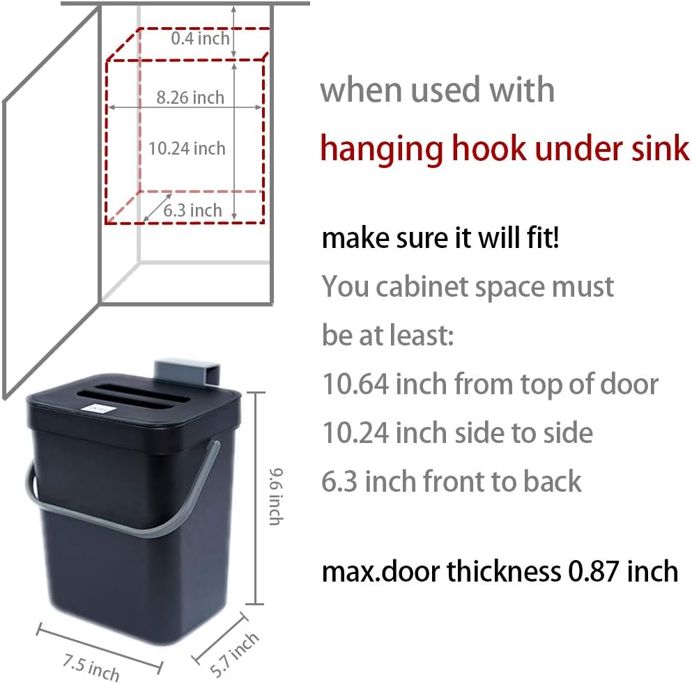 Compost Bin for Kitchen Countertop Under Sink,Bathroom Hanging Small Trash Can with Lid,Mountable Food Waste Bucket,1.3 Gal/5 L Series,Black