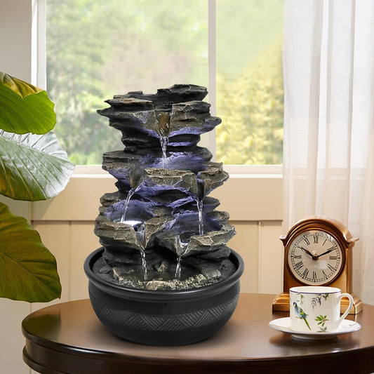 15.7” High Rock Falls Tabletop Water Fountain with LED Lights - Indoor 5-Tier Cascading Fountain for Home and Office Decor (Gray_3, 15.7" high)