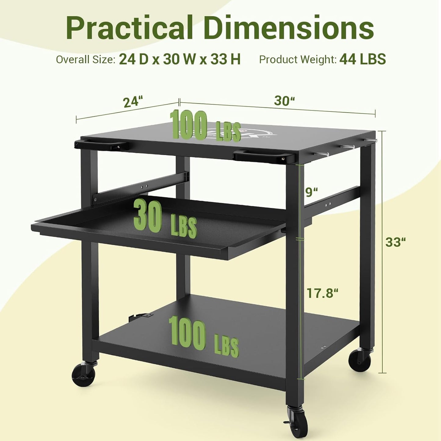 NUUK Outdoor Grill Prep Table 24"x30" Metal Grill Cart Outside 3-Layer Pizza Oven Table Movable with Universal Wheels for BBQ Backyard Patio
