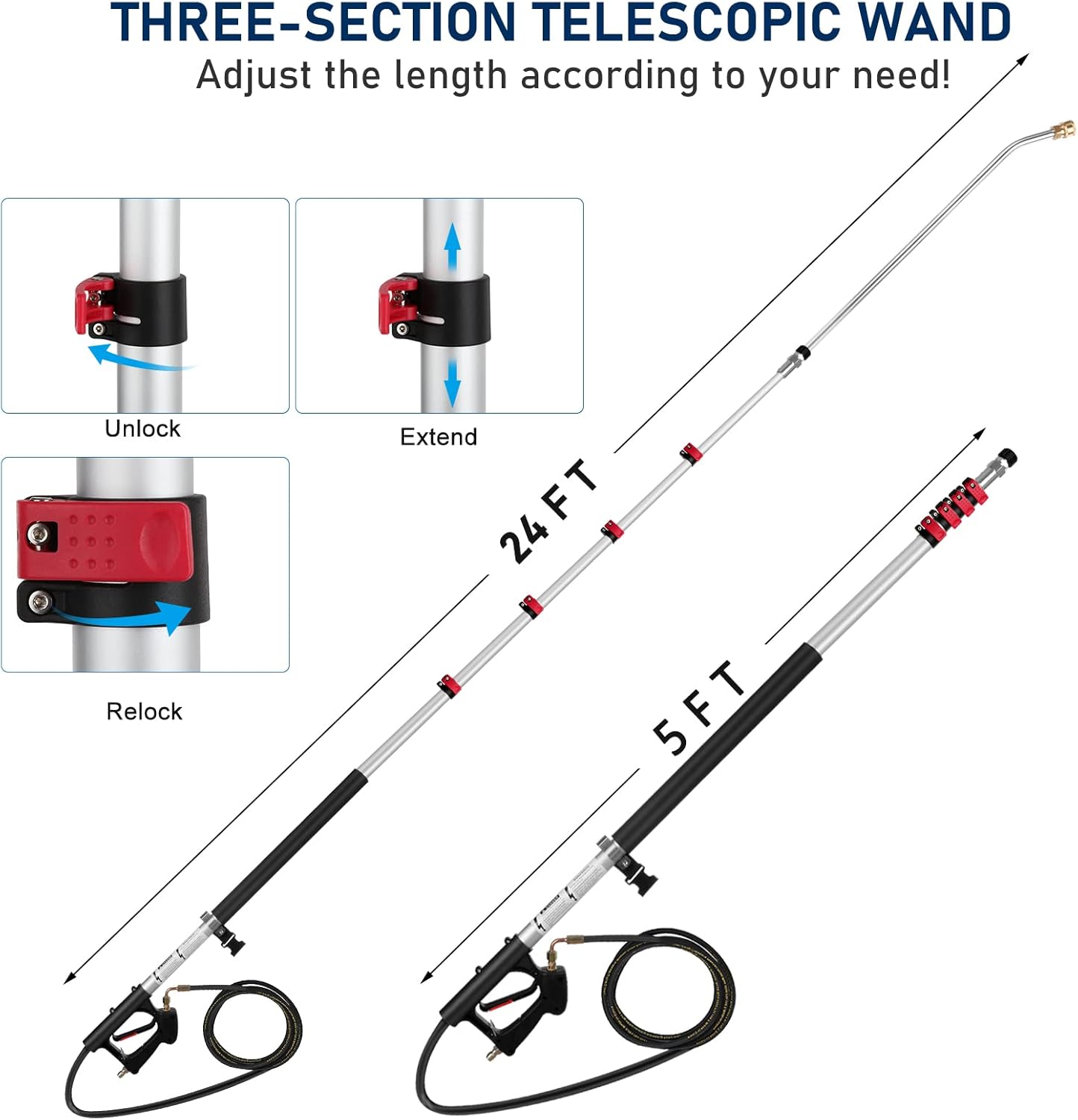 Pressure Washer Extension Wand 24 FT, Extension Pole for Pressure Washer with Gutter Extension, and 5 Spray Nozzle Tips for Roof Fence Window Washing Gutter Cleaner