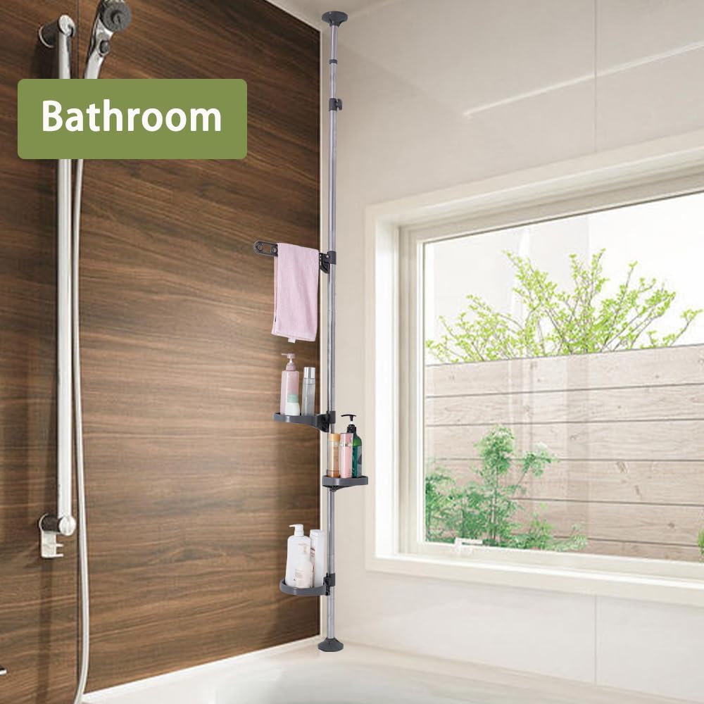 Hershii Indoor Plant Stand Pole Tension Rod Corner Standing Shelf Adjustable Flower Pots Holder Display Rack with 1 Hook & 3 Trays - Grey