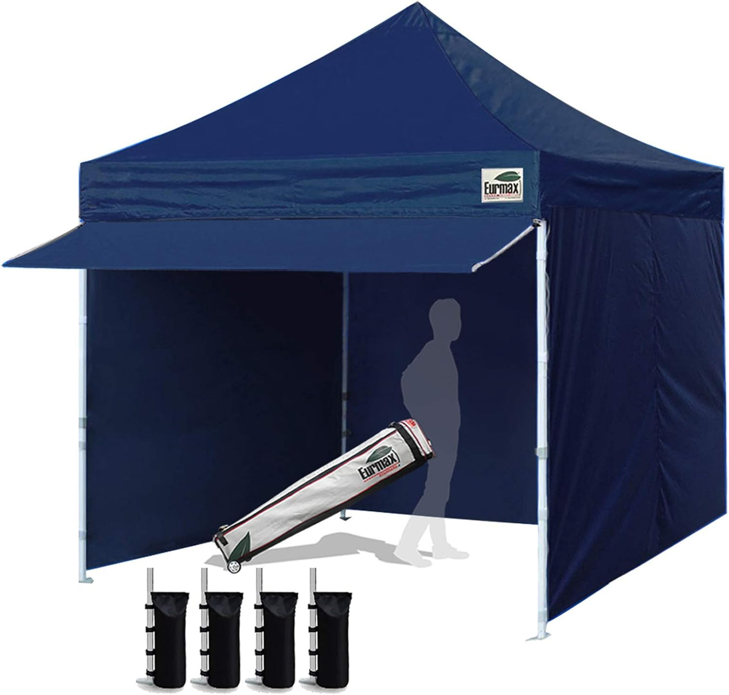 Eurmax USA 10 x 10 Pop up Canopy Commercial Tent Outdoor Party Canopies with 4 Removable Zippered Sidewalls and Roller Bag Bonus 4 Canopy Sand Bags & 24 Squre Ft Extended Awning(Navy Blue)