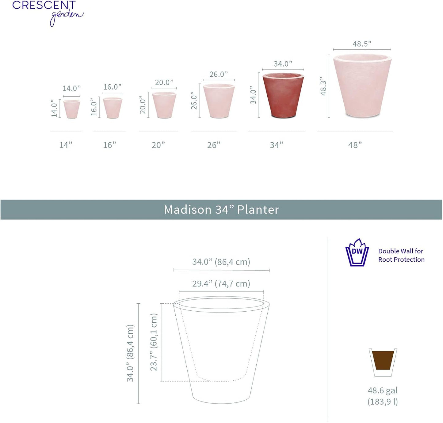 Crescent Garden Madison Planter– Weather-Resistant, Double Walled Indoor/Outdoor Plant Pot with Drain Hole – Extra Large Commercial Size Pot, 34-Inch (Olive)