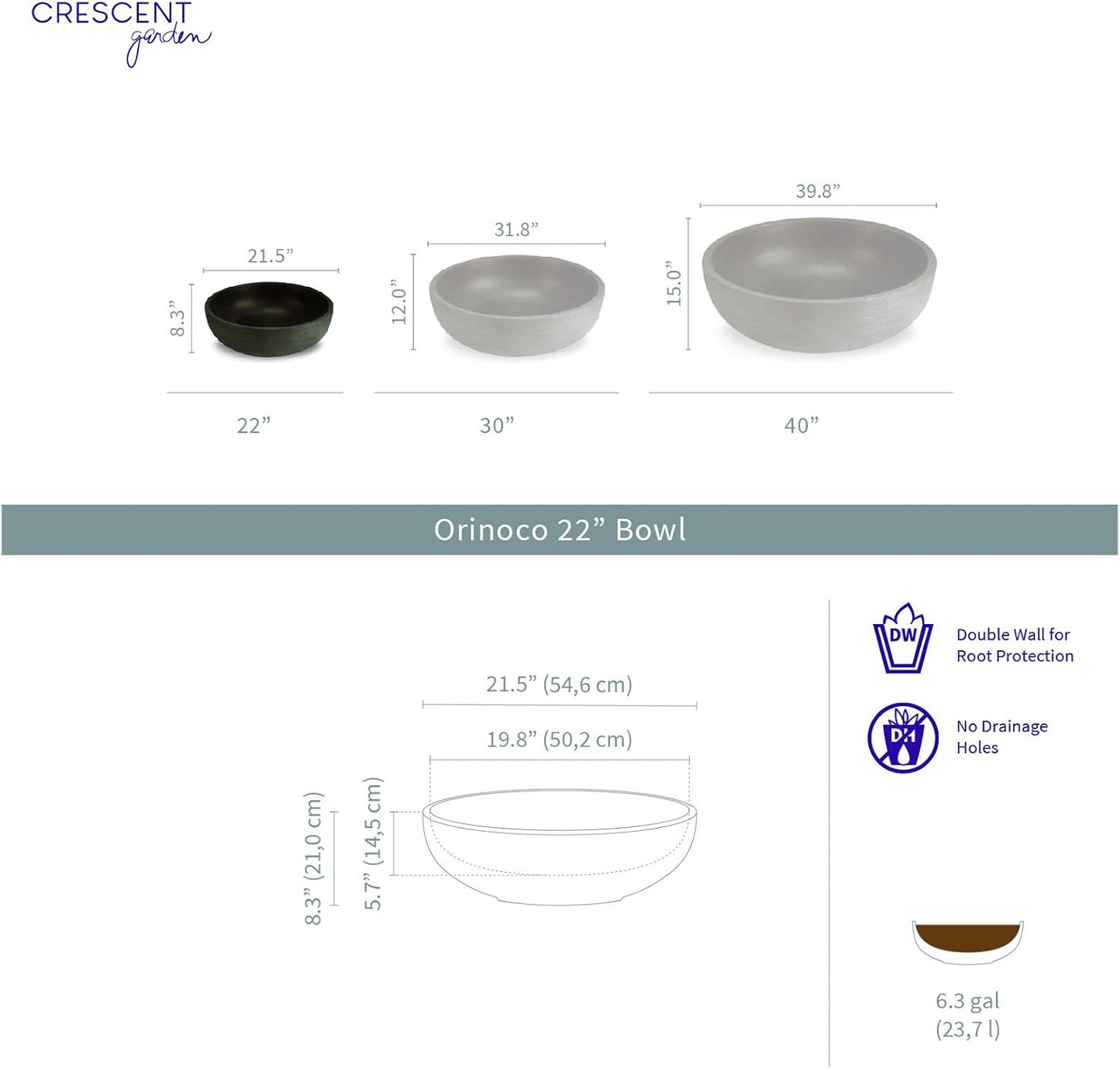 Crescent Garden Orinoco Planter Bowl – Double-Walled Resin Pot for Succulents, Flowers Without Drain Hole - 21" W x 8.25" H (Caviar Black)