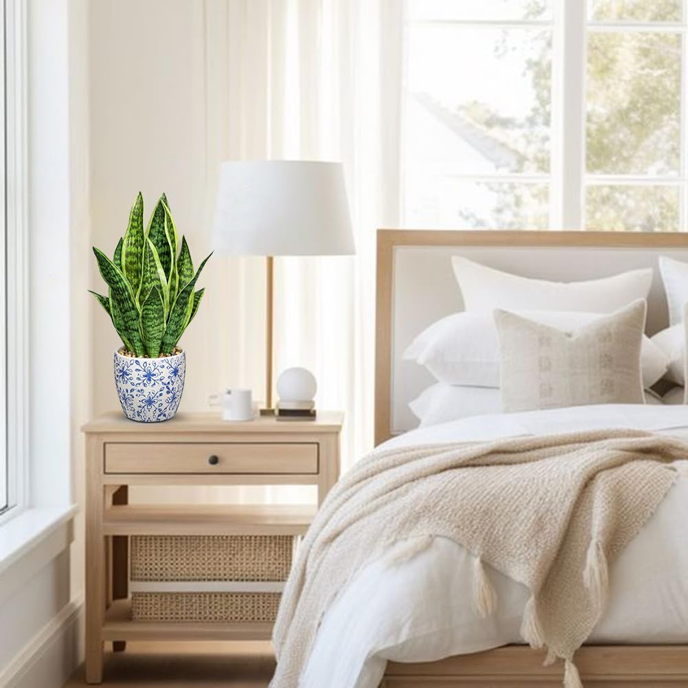 Hollyone Artificial Snake Plant Potted Faux Sansevieria Trifasciata Plants, 15.7" Tropical Fake Plants in Blue and White Porcelain Pots for Home Office Room Indoor Decor Housewarming Gifts