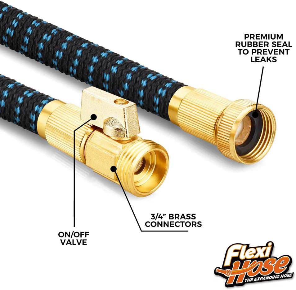 Flexi Hose with 8 Function Nozzle, 25FT - Lightweight Expandable Garden Hose, No-Kink Flexibility, 3/4 Inch Solid Brass Fittings and Double Latex Core