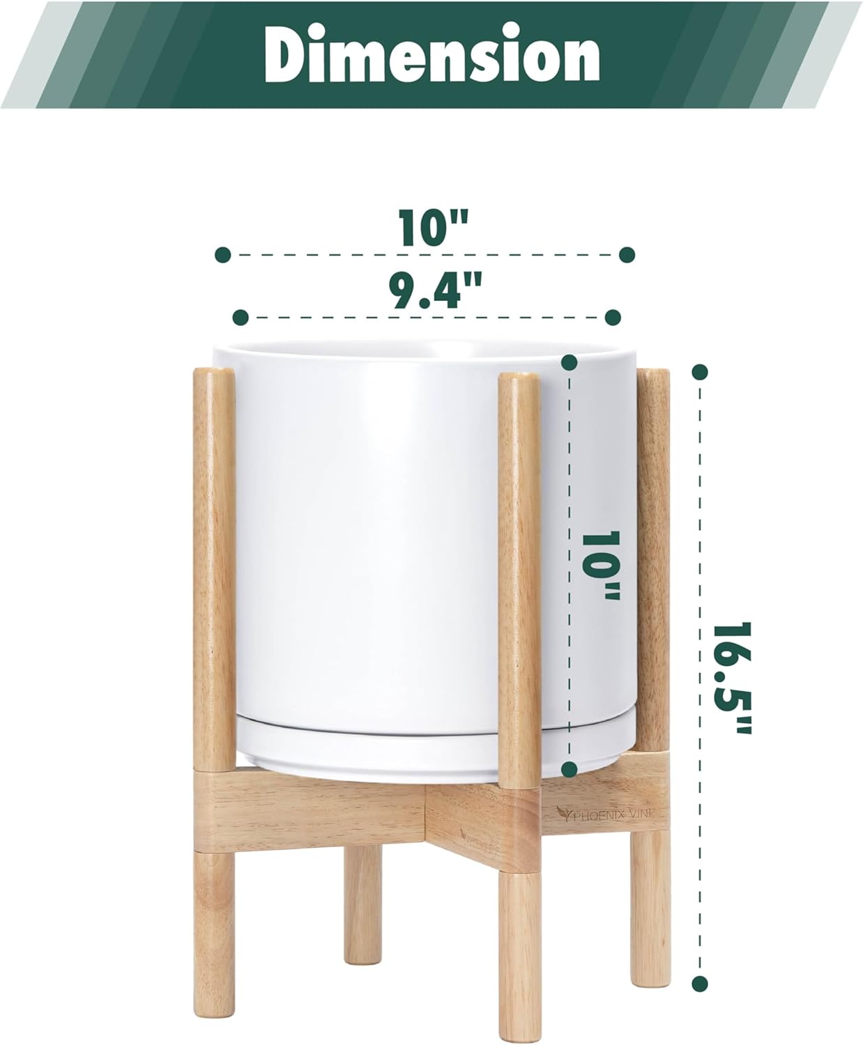 D'vine Dev Ceramic Planter with Natural Stand - 10 Inch Modern Round Flower Pot with Wood Planter Holder, White, 55-B-K-1