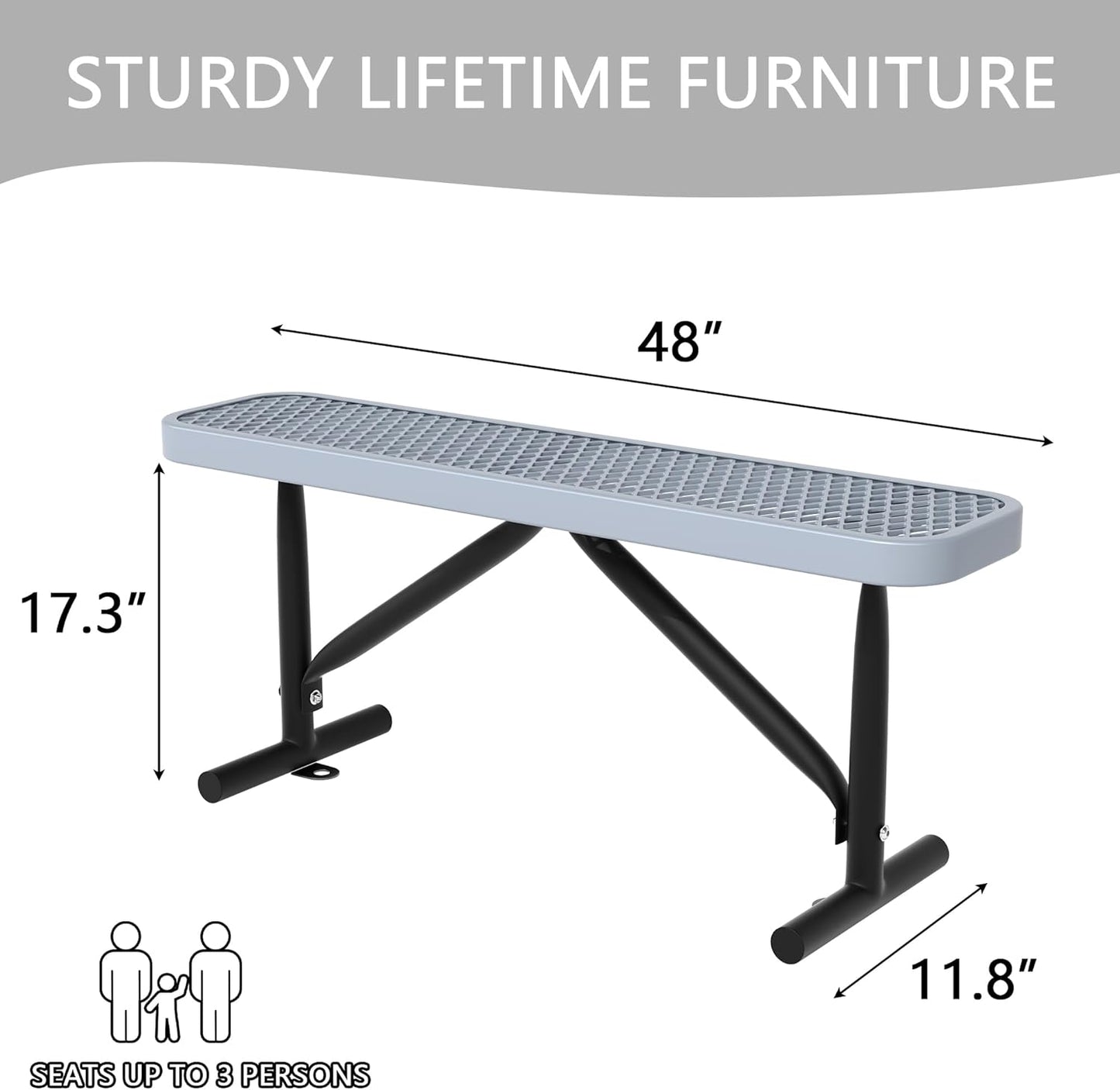 4 Feet Heavy Duty Metal Park Bench for Outside, Outdoor Bench with Portable Frame, Commercial Benches for Shopping Mall, Store, Park, Patio, Deck, Grey