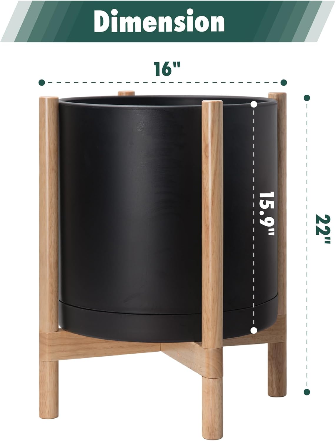 D'vine Dev Planter Pot with Stand - 16 Inch Plastic Cylinder Flower Pot with Wood Planter Holder for Indoor, Matte Black Pot + Natural Stand, 55-C-Y-2