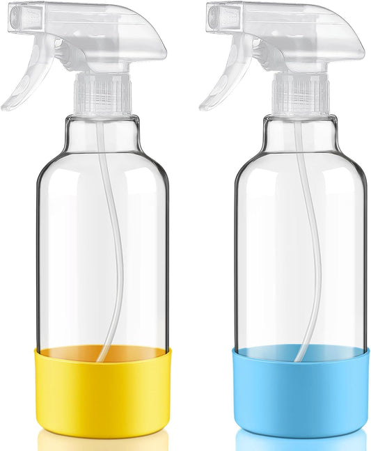 Glass Spray Bottles with Silicone Sleeve 16.9oz 2 Pack Empty Spray Bottle for Hair Mist/Stream Spraying for Cleaning Solutions, Plants, Essential Oils (clear-sblue&yellow)