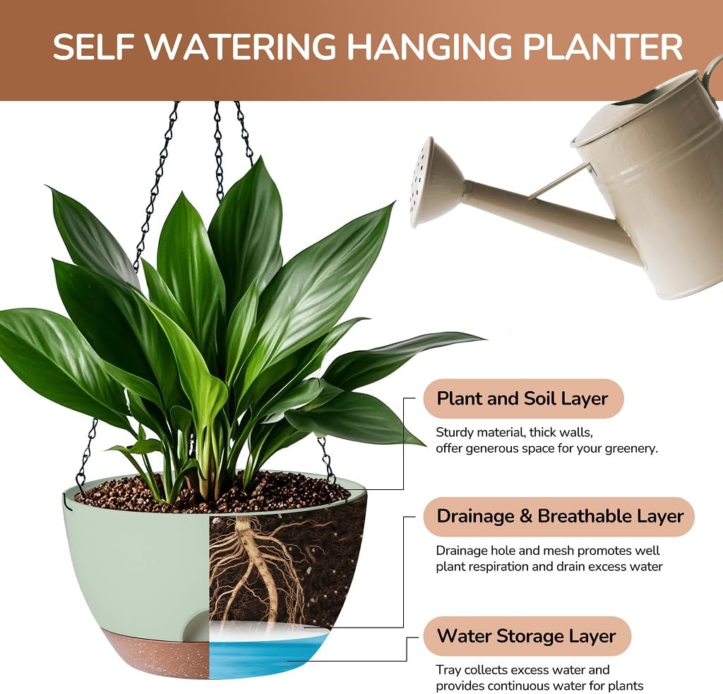 Hanging Planter for Indoor Plants, 10 Inch Self-Watering Hanging Planters with Drainage Holes and Chain, Set of 2 Outdoor Hanging Pots for Garden Home