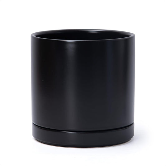 D'vine Dev 8.2 Inch Ceramic Planter Pot with Drainage Hole and Saucer, Indoor Cylinder Round Planter Pot, Black, 94-O-D-2