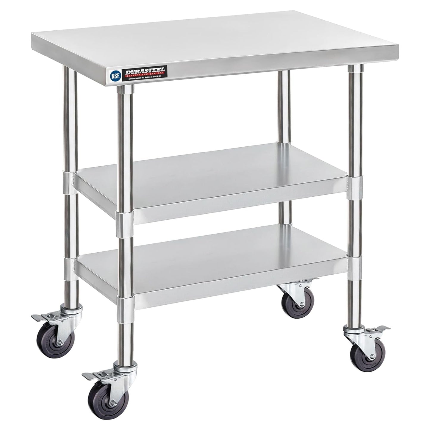 DuraSteel Stainless Steel Work Table 30" x 36" x 34" Height w/ 4 Caster Wheels - Food Prep Commercial Grade Worktable - NSF Certified - Good for Restaurant, Business, Warehouse, Home, Kitchen, Garage