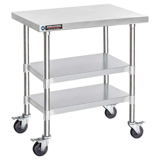 DuraSteel Stainless Steel Work Table 30" x 36" x 34" Height w/ 4 Caster Wheels - Food Prep Commercial Grade Worktable - NSF Certified - Good for Restaurant, Business, Warehouse, Home, Kitchen, Garage