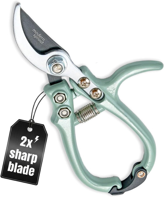 Modern Sprout Hand Pruners - Lightweight Pruning Shears W/Easy Lock- Gardening Scissors - Bypass Sharp Carbon Steel Blade - Rust Resistant - Garden Tools - Reusable Holster - Sage