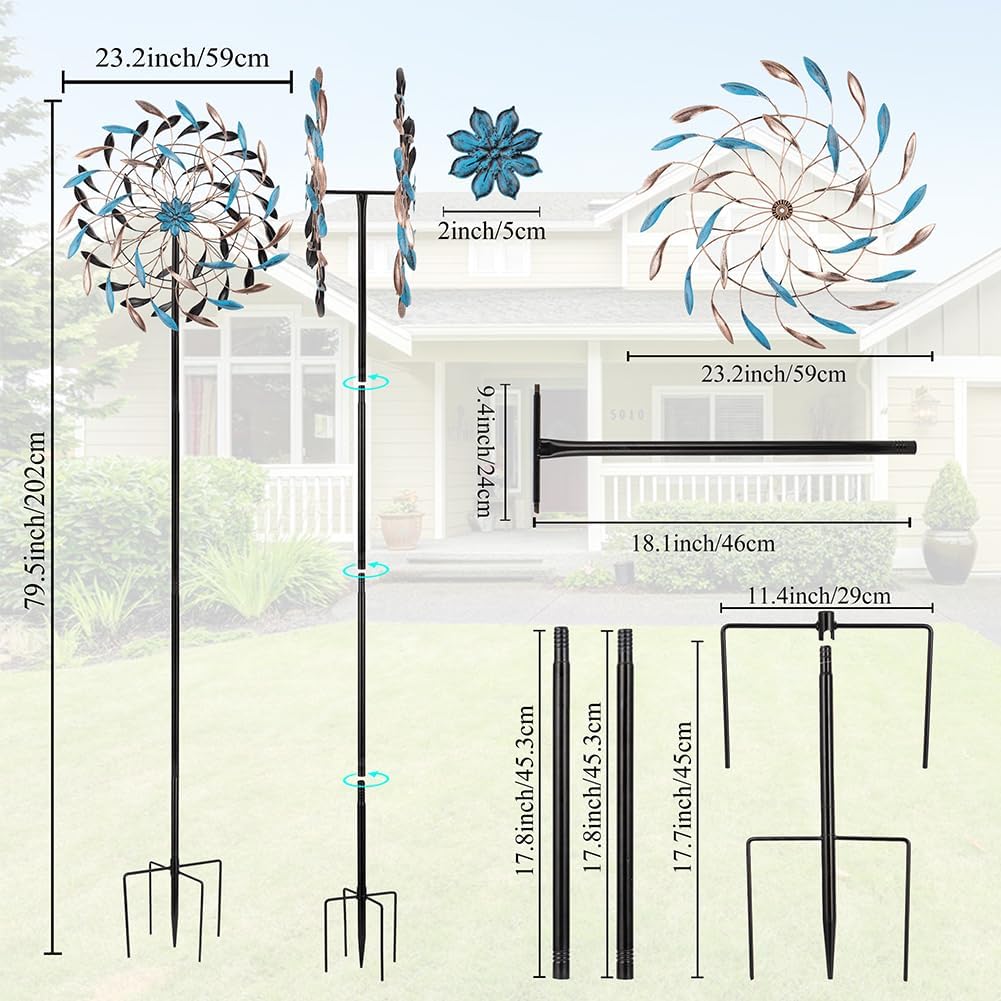 DREAMYSOUL Wind Spinner Outdoor, 23" Dia Metal Windmills with Blue and Copper Leaves, Kinetic Wind Spinners & Sculpture for Yard and Garden