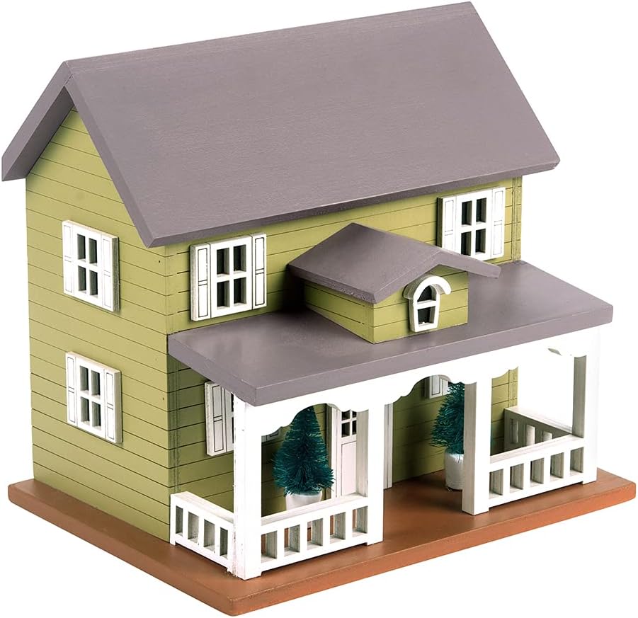 Decorative Wooden Birdhouse for Outdoor Hanging – Handcrafted Miniature Cottage Style with Blue Roof, Front Porch, and Balcony – Garden or Backyard Décor for Wild Birds (Mossy Green Victorian)