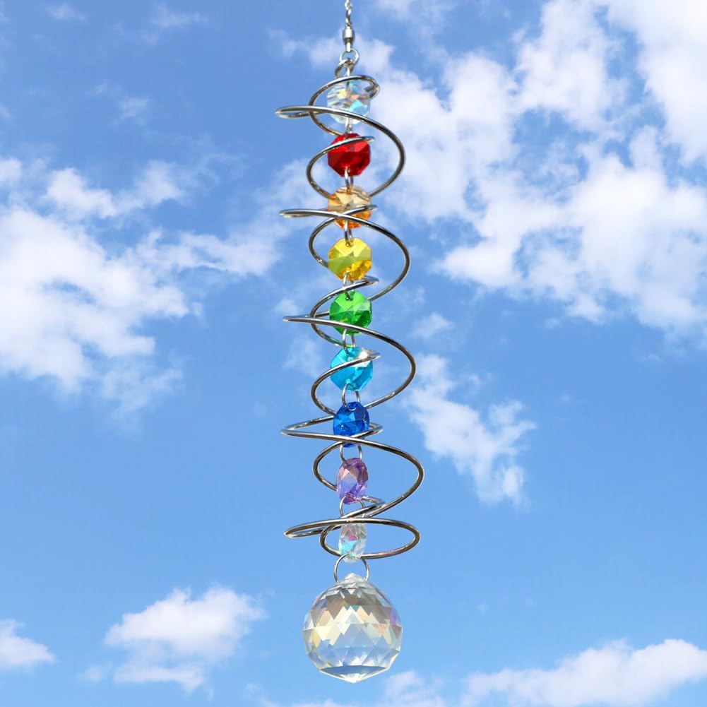 Suncatcher Wind Spinner Gazing Ball Spiral Tail, Crystal Sun Catchers with Seven Chakra Beads Window Hanging for Indoor Home Outdoor Garden Decor Wedding Birthday Party Gifts for Girl Women Mom