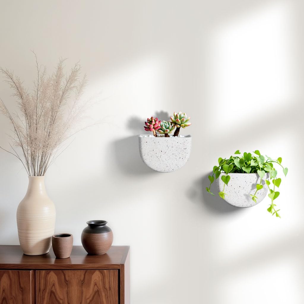 2 Pack Wall Hanging Planter Pots for Indoor and Outdoor Plants, 7 Inch Half-Moon-Shaped Plastic Wall Planter, Wall Mounted Succulent Planters (Speckled White)