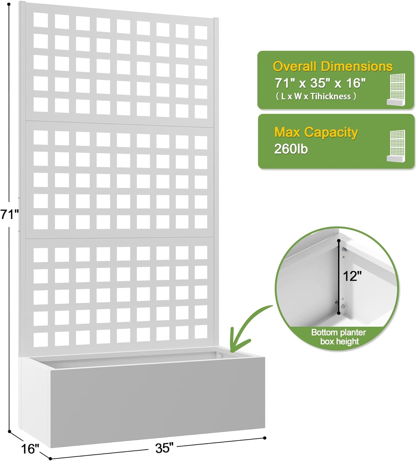 FENCY Metal Raised Garden Bed with Trellis, Planter Box with Trellis, Garden Box for Climbing Plants Vegetable, 35''Lx16''Wx71''H Metal Garden Bed with Drainage Holes(White)
