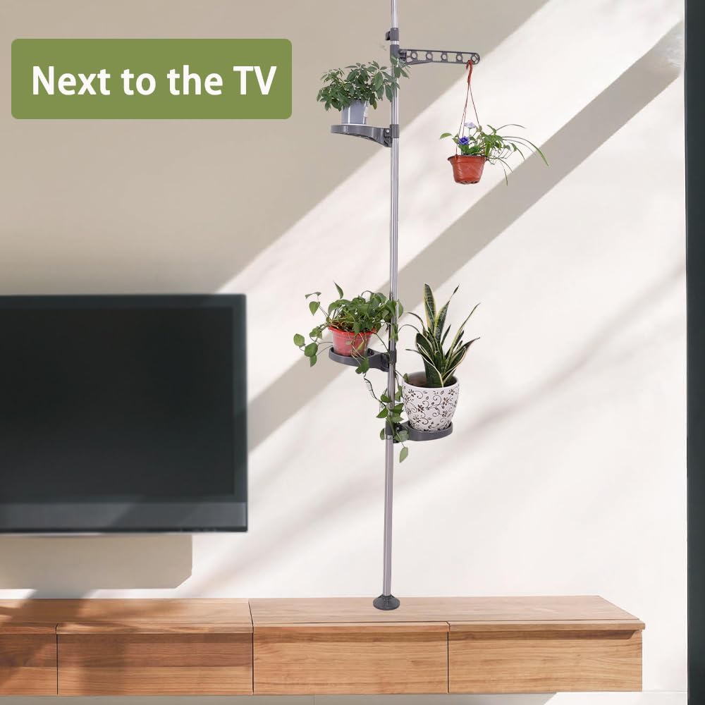 Hershii Indoor Plant Stand Pole Tension Rod Corner Standing Shelf Adjustable Flower Pots Holder Display Rack with 1 Hook & 3 Trays - Grey