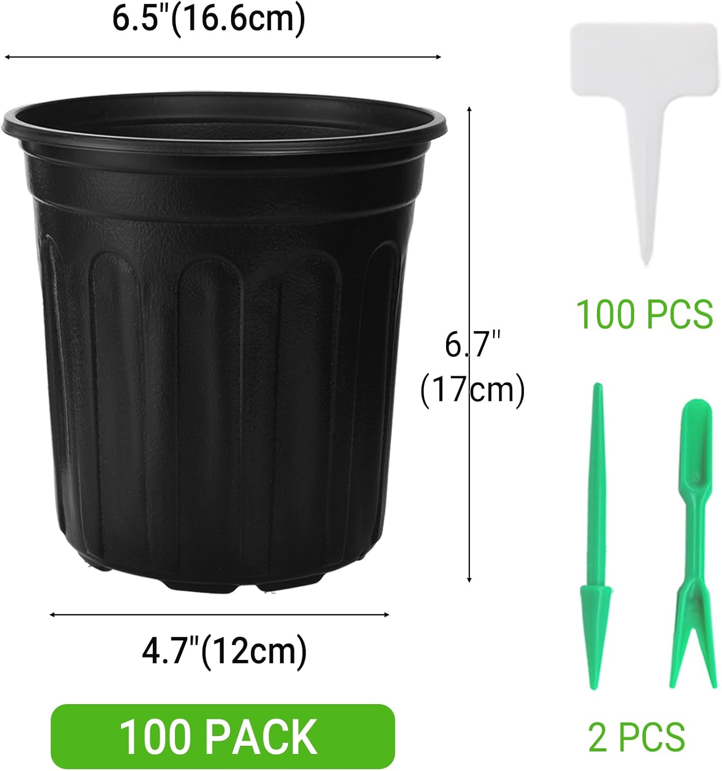 100 Pack 1 Gallon Flexible Plant Nursery Pots, Thickened Soft Plastic Plant Pots with 100Pcs Waterproof Plastic T-Type Plant Tags and 2Pcs/Set Transplanting Digging Mini Tools(Black)