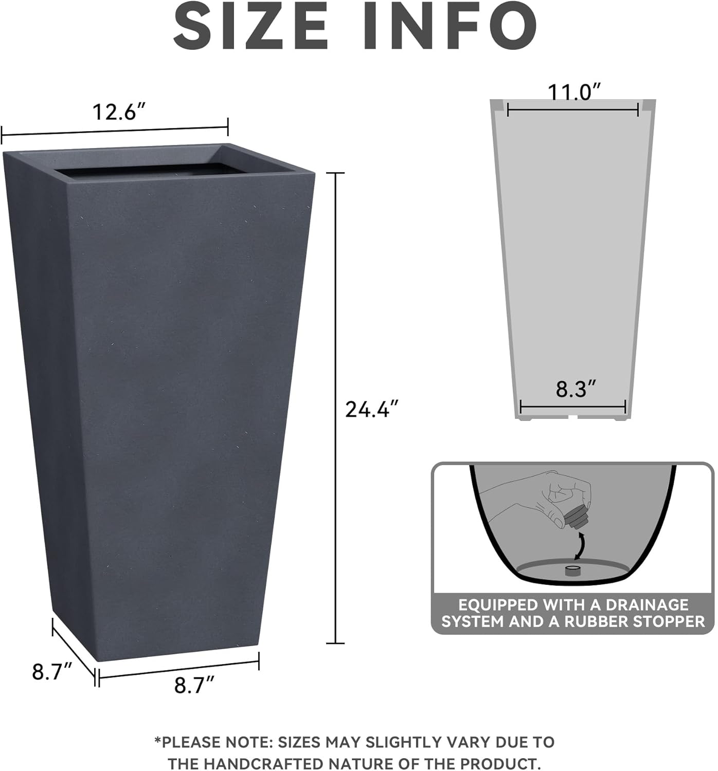 Kante 24.4 Inch Tall Tapered Concrete Planter, Modern Style Large Plant Pot with Drainage Hole and Rubber Plug for Patio, Backyard, Porch, Suitable for Indoor Outdoor Plants, Charcoal