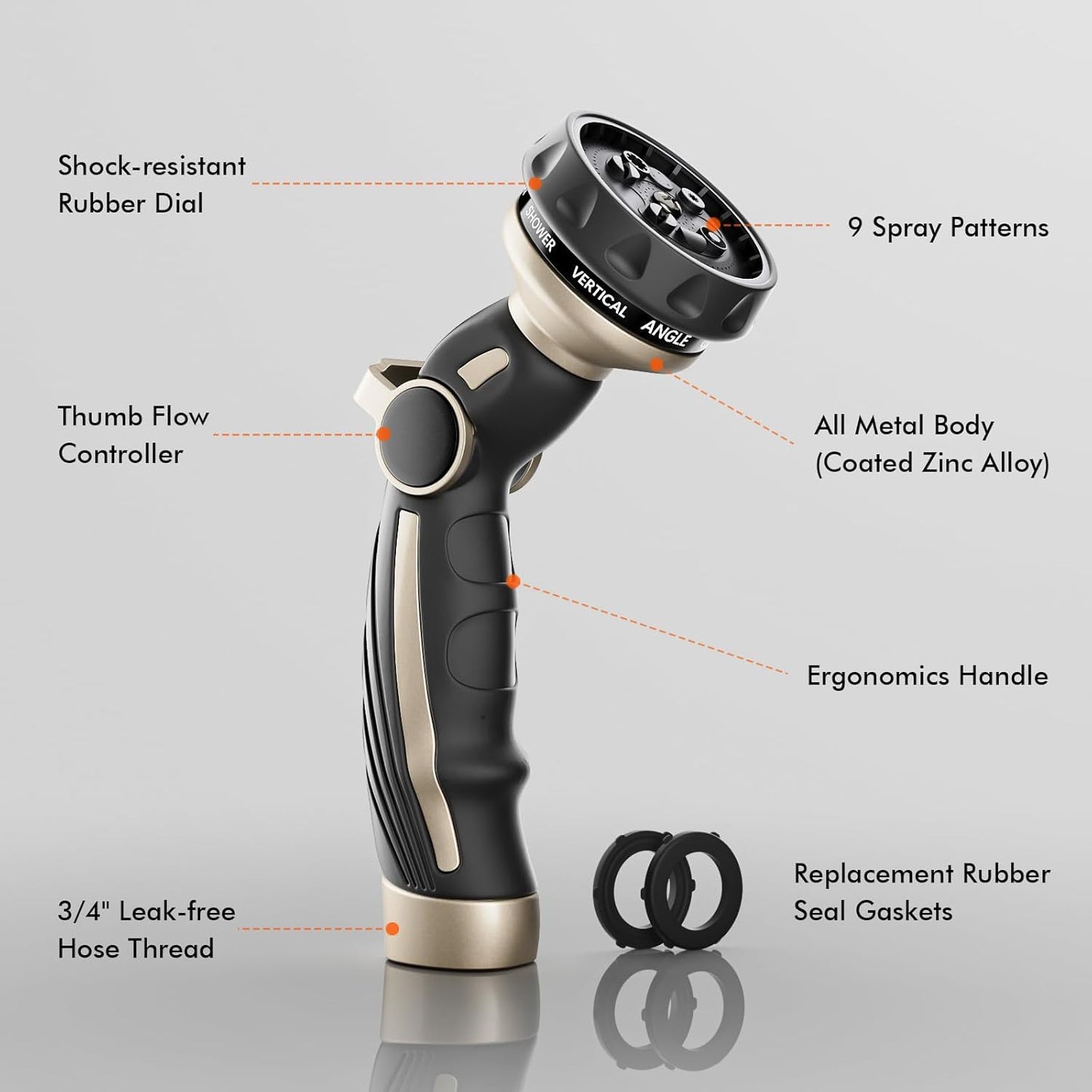RESTMO Hose Nozzle Heavy Duty, Metal Water Hose Sprayer for Garden, 9 Spray Patterns | High Pressure | Thumb Flow Control | On/Off Valve, Ideal for Outdoor Lawn & Plant Watering, Car & Pet Washing