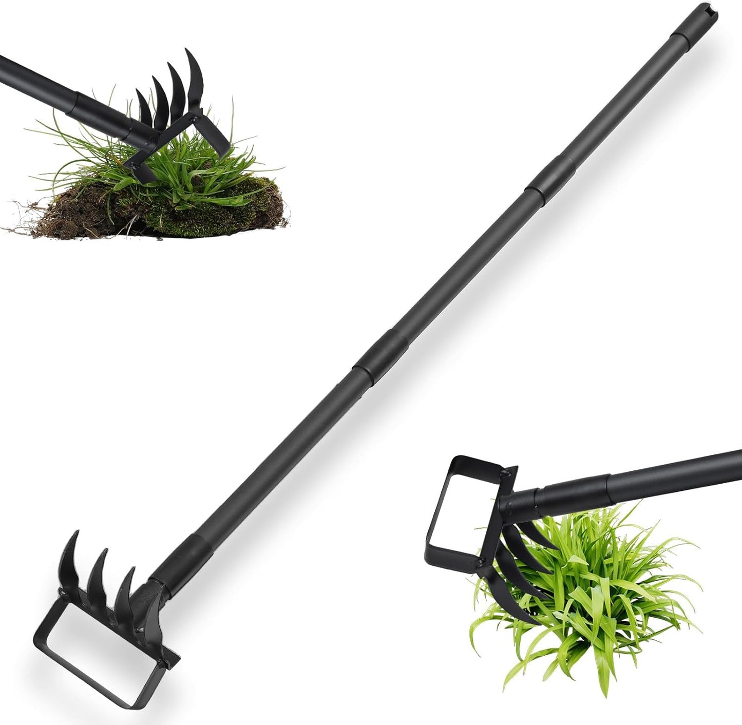 Hula Garden Hoe and 4 Tines Rake 2-in-1 Garden Tool for Weeding, Garden Cultivator with 62.6" Adjustable Long Handle Heavy Duty Weed Puller Stirrup Hoe for Ditching, Seeding, Loosening Soil