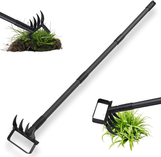 Hula Garden Hoe and 4 Tines Rake 2-in-1 Garden Tool for Weeding, Garden Cultivator with 62.6" Adjustable Long Handle Heavy Duty Weed Puller Stirrup Hoe for Ditching, Seeding, Loosening Soil