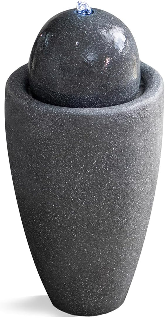 XBrand 25.98" H Round Stone Indoor/Outdoor Modern Stone Textured Sphere Water Fountain w/LED Lights, Gray