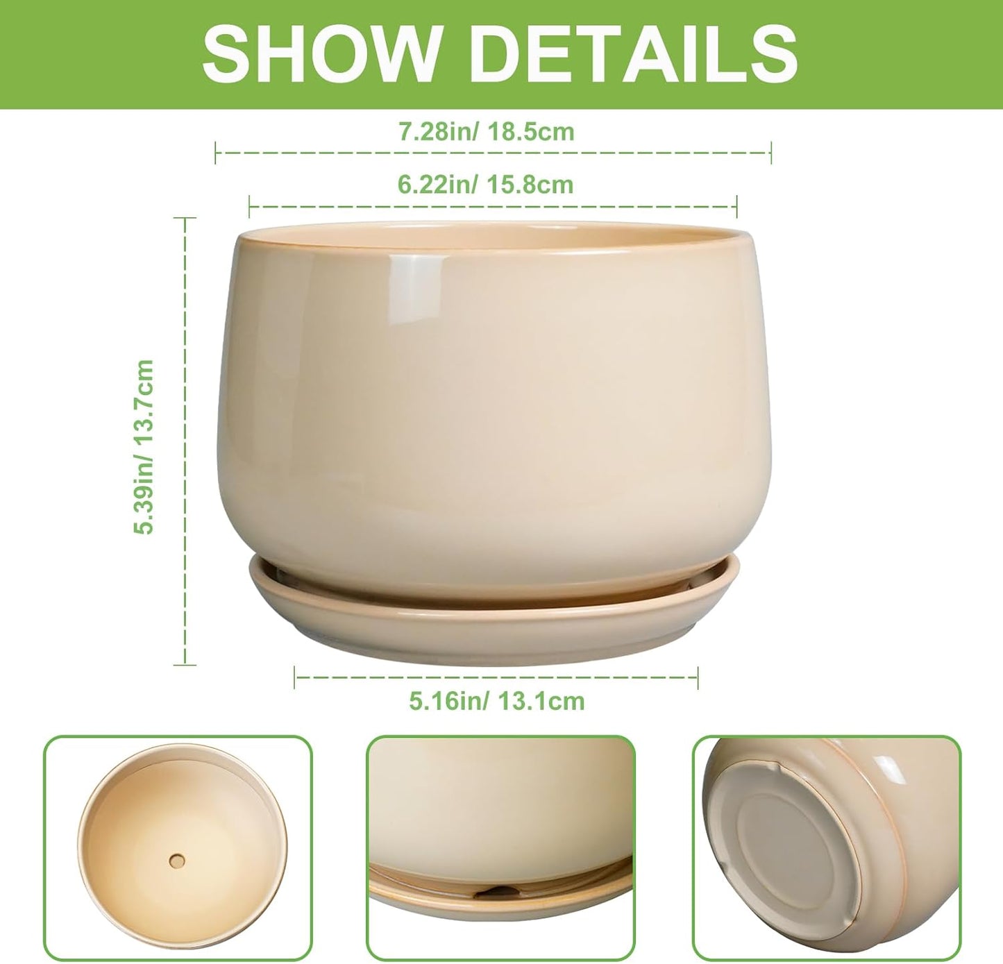 G EPGardening Ceramic Planter - 7 Inch Plant Pots with Drainage and Ceramic Tray, Flower Pots for Indoor Plants, Round Outdoor Planter, Room Decor, Gifts for Plant Lovers, Beige