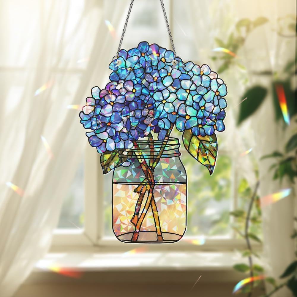 Hydrangea Flower Stained Glass Suncatcher – Acrylic Window Ornament, Sun Catchers Indoor Window Decor for Kitchen and Garden Gift, Housewarming Xmas Gift for Mom, Nana, Grandma
